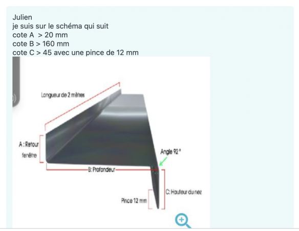 Appuis fenêtre sur mesure comme schema 1 mm RAL 7016 - 2 mètres avec pince de chaque coté: Cote A 20 mm Cote B 160 mm Cote C45